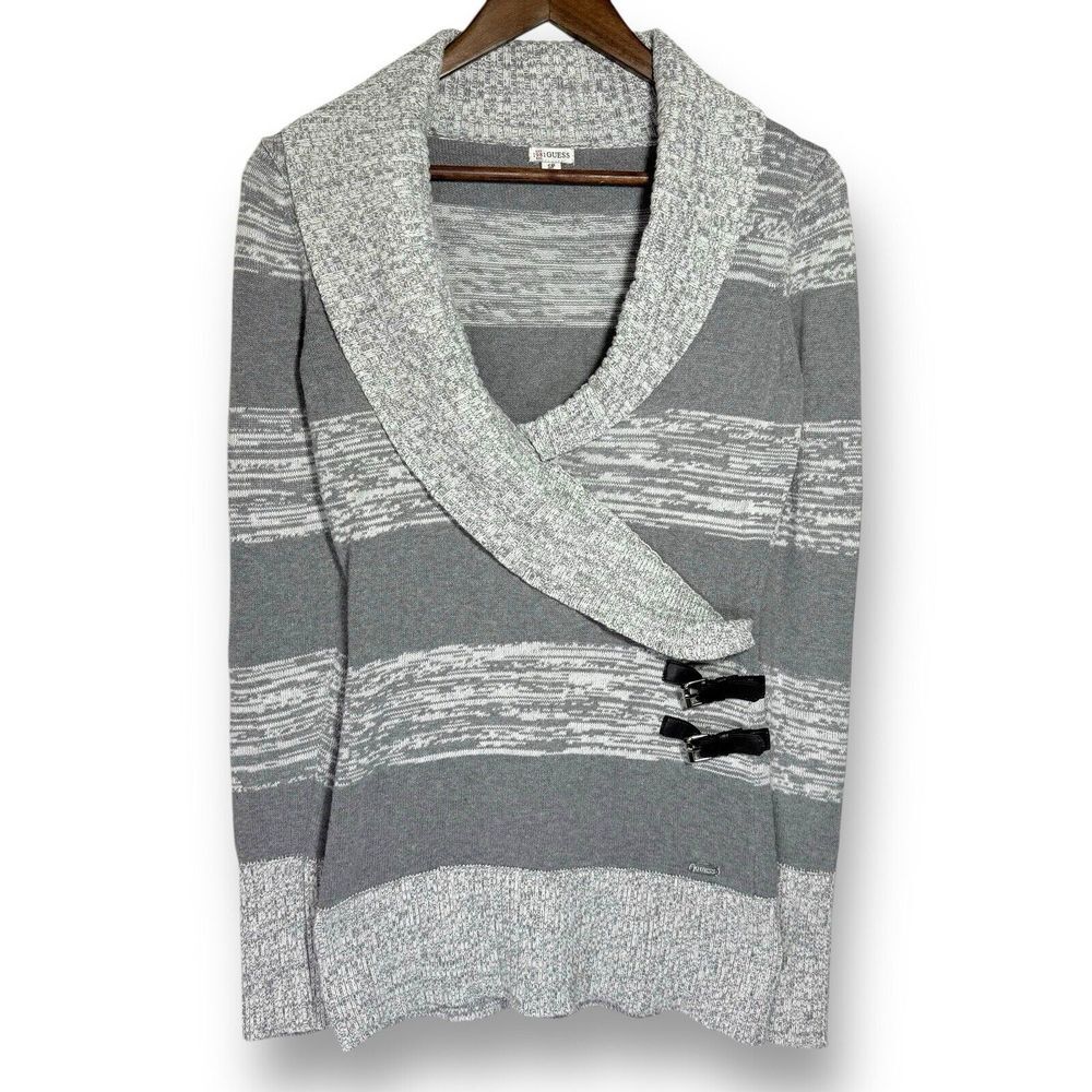 Vintage Y2K Guess Sweater‎ S Long Knit Stretch Tunic Faux Wrap Buckle Cross Over